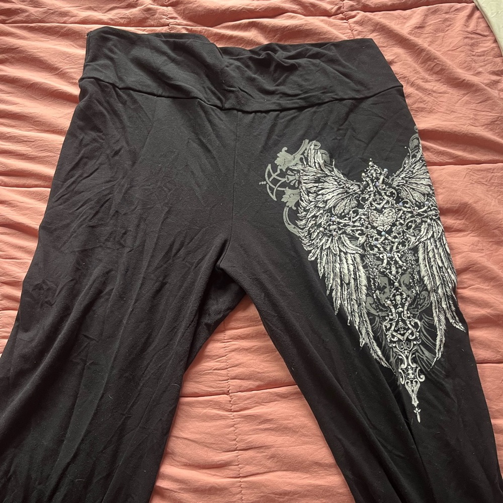 Y2K Black Yoga Pants with Silver Wing Design and Rhinestone Embellishment